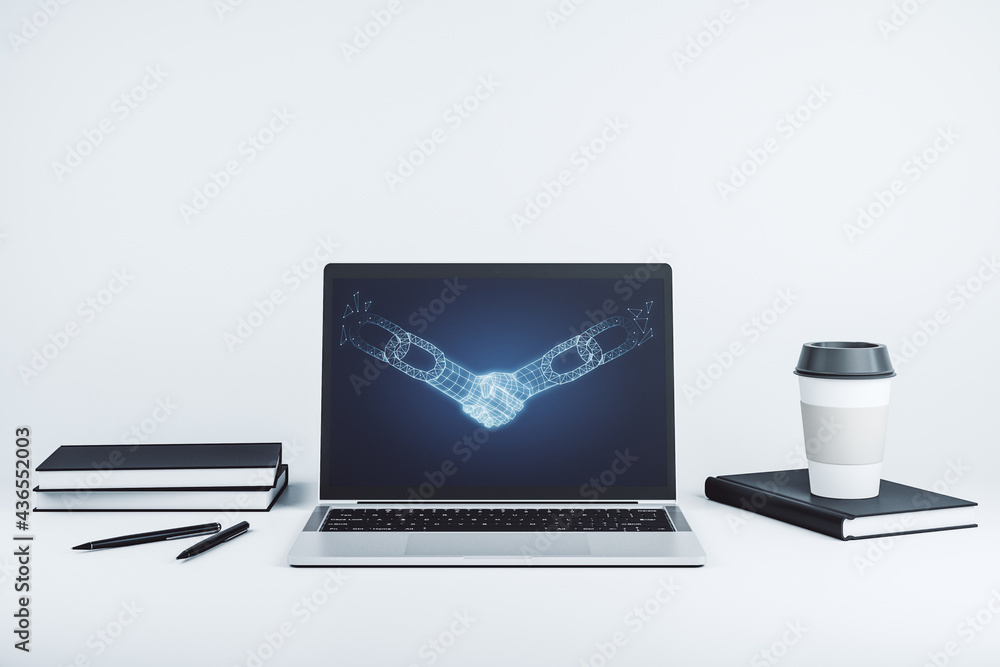 Creative abstract block chain technology hologram with handshake on modern computer monitor, cryptography and decentralization concept. 3D Rendering Creative abstract block chain technology hologram with handshake on modern computer monitor, cryptography and decentralization concept. 3D Rendering