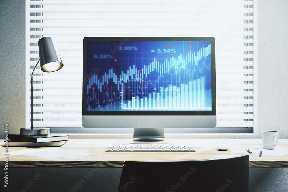 Computer monitor with abstract financial graph, finance and trading concept. 3D Rendering Computer monitor with abstract financial graph, finance and trading concept. 3D Rendering