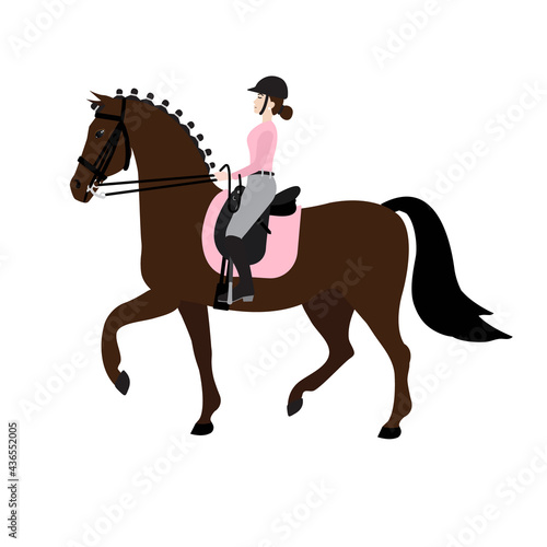 Vector flat cartoon woman girl riding dressage horse isolated on white background