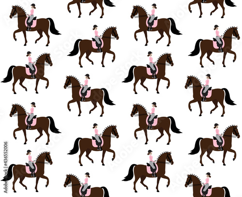 Vector seamless pattern of flat woman girl riding dressage horse isolated on white background