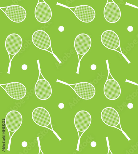 Vector seamless pattern of white flat tennis racket and ball silhouette isolated on green background
