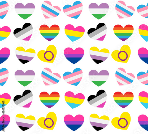 Vector seamless pattern of flat lgbt lgbtq+ community pride flag hearts isolated on white background