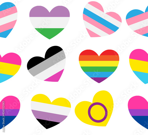 Vector seamless pattern of flat lgbt lgbtq+ community pride flag hearts isolated on white background