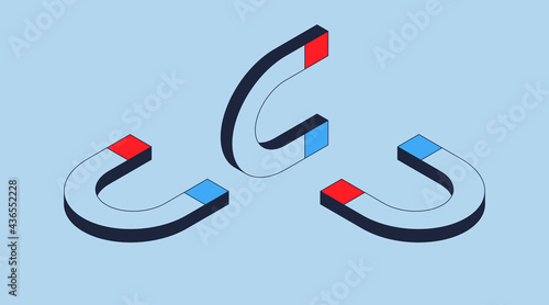 Different options for the direction of the magnet. Isometric blue 3d vector illustration