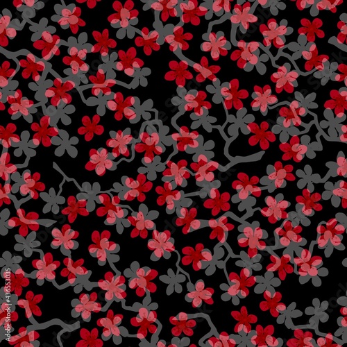 Seamless pattern with blossoming Japanese cherry sakura branches for fabric packaging wallpaper textile decor design  invitations gift wrap manufacturing.Red and gray flowers on black background.