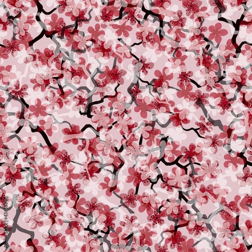 Seamless pattern with blossoming Japanese cherry sakura branches for fabric,packaging,wallpaper,textile decor,design, invitations,gift wrap,manufacturing.Pink and coral flowers on salmon background.