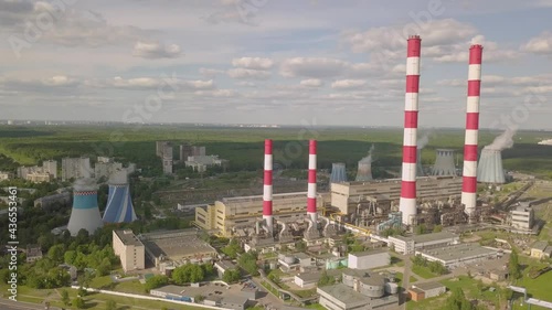 russia moscow 15.05.2021 . video from the drone. flight over the industrial zone of the Golyanovo district. with a beautiful view of the thermal power plant and the Losiny Ostrov National Park photo