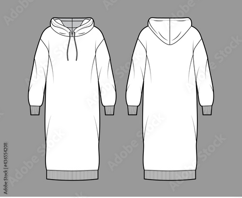 Dress hoody technical fashion illustration with long sleeves, rib cuff oversized body, knee length skirt. Flat apparel front, back, white color style. Women, men unisex CAD mockup