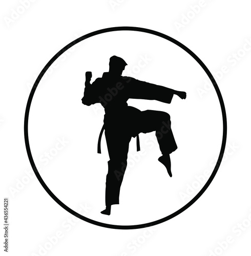 Karate man fighter in kimono vector silhouette. Japan traditional martial art. Boy self defense presentation. In healthy body healthy mind. Protect yourself against aggressor. Sport discipline.
