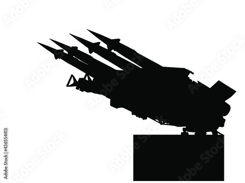 Artillery rocket launcher vector silhouette illustration. Rocket carrier platform with nuclear bomb. Nuclear test, war treat.  Bomb air projectile attack.  Powerful weapons. Missile destruction. 