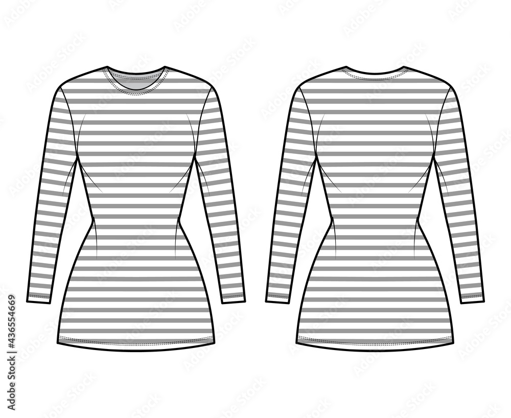 Obraz premium Dress sailor technical fashion illustration with stripes, long sleeves, fitted body, mini length pencil skirt. Flat apparel front, back, white color style. Women, men unisex CAD mockup