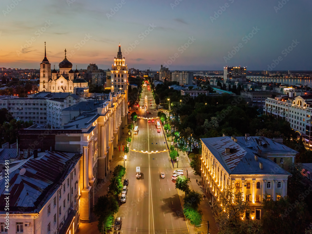 Obraz premium Night summer Voronezh cityscape. Revolution Prospect - central street of Voronezh