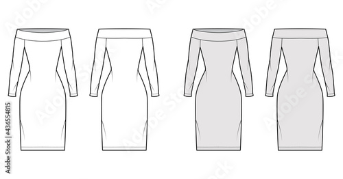 Dress off-the-shoulder Bardot technical fashion illustration with long sleeves, fitted body, knee length pencil skirt. Flat apparel front, back, white, grey color style. Women, men unisex CAD mockup