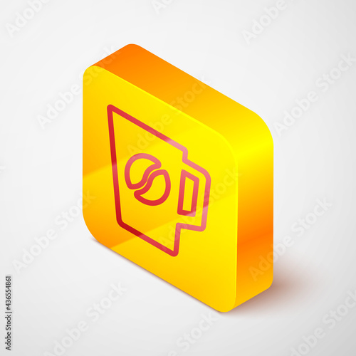 Isometric line Coffee cup icon isolated on grey background. Tea cup. Hot drink coffee. Yellow square button. Vector