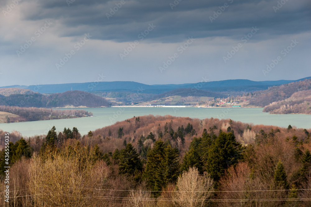 View from the viewing point in Werlas on the dam in Solina and the Solina lake. Bieszczady Mountains.