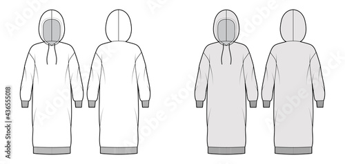 Dress hoody technical fashion illustration with long sleeves, rib cuff oversized body, knee length skirt. Flat apparel front, back, white, grey color style. Women, men unisex CAD mockup