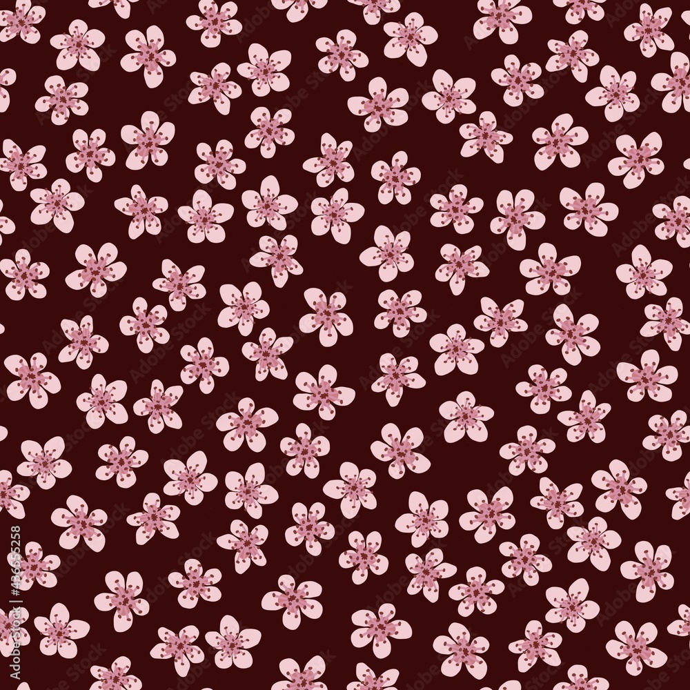 Seamless pattern with blossoming Japanese cherry sakura for fabric, packaging, wallpaper, textile decor, design, invitations, print, gift wrap, manufacturing. Pink flowers on burgundy background.