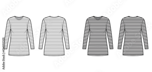 Dress sailor technical fashion illustration with stripes, long sleeves, oversized body, mini length pencil skirt. Flat apparel front, back, white, grey color style. Women, men unisex CAD mockup