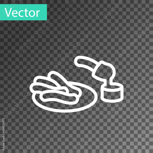 White line Churros and chocolate icon isolated on transparent background. Traditional national Spain dessert, European street food. Vector