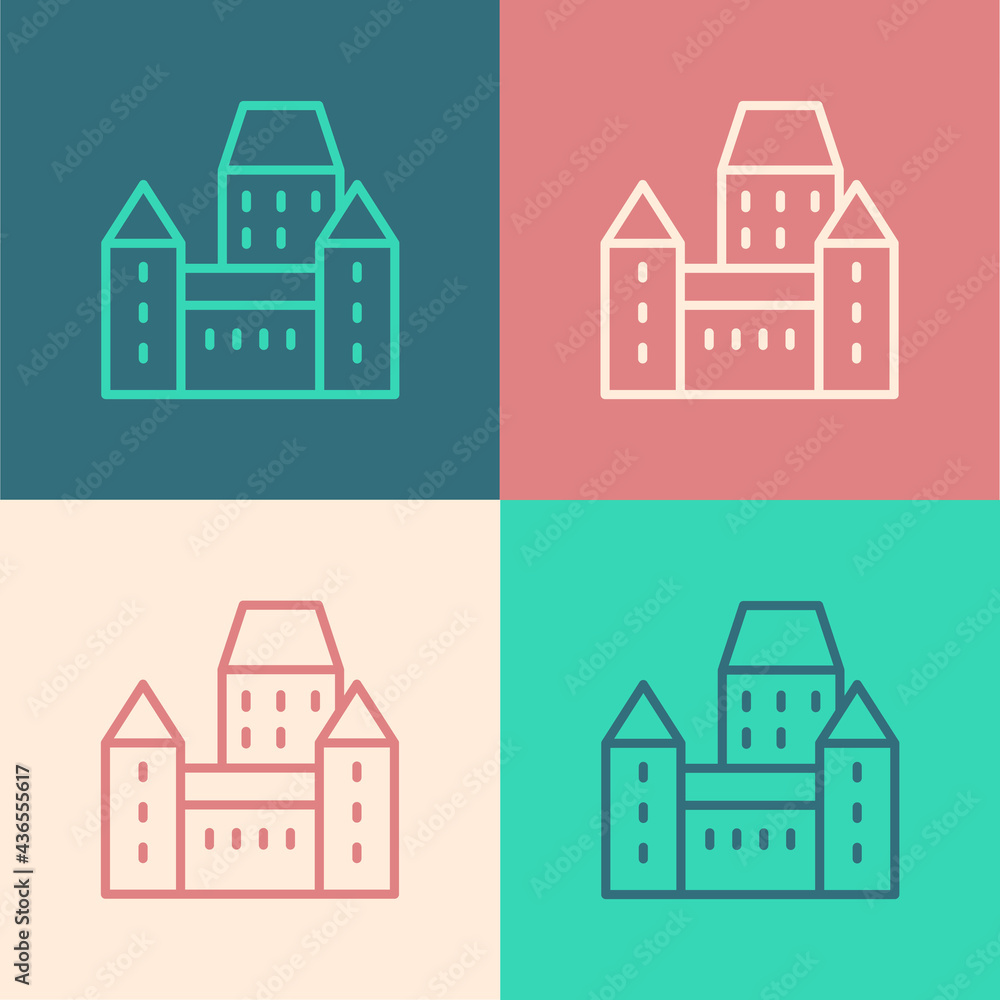 Pop art line Chateau Frontenac hotel in Quebec City, Canada icon isolated on color background. Vector