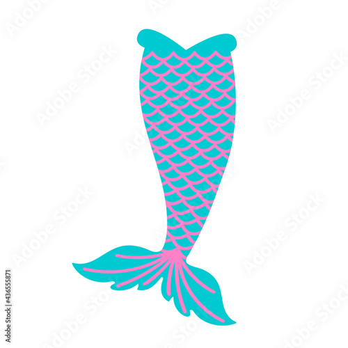 Blue mermaid tail with pink squama isolated on white background. Design element for girls sea party, greeting card or t-shirt print. Vector flat illustration.