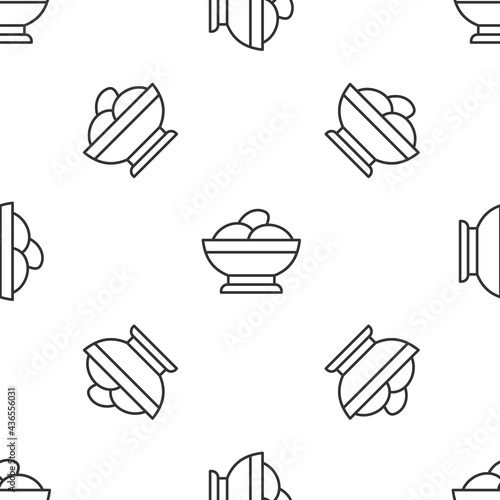 Grey line Varenyky in a bowl icon isolated seamless pattern on white background. Pierogi, varenyky, dumpling, pelmeni, ravioli. Traditional Ukrainian food. Vector