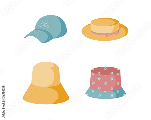 A set of four summer hats, panamas and caps. Headwear for women and young girls for the beach or walking in hot weather.Vector illustration in a flat style, isolated on a white background.
