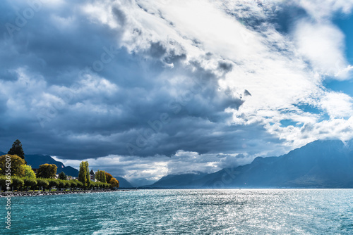View of Lake Geneva and the Alps in the background from Vevey in the canton of Vaud