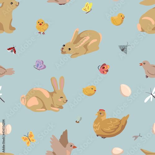 Cute animals, hand drawn vector seamless pattern. Spring colored cartoon ornament. Hen, chickens, rabbits, birds, insect. Design for print, fabric, textile, background, wallpaper, wrap, card, decor.
