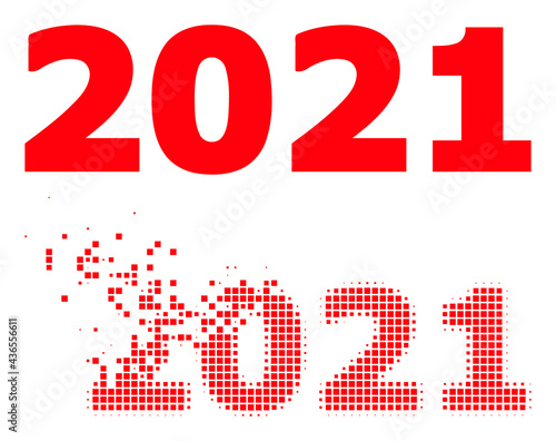 Dissolved pixelated 2021 year digits vector icon with wind effect, and original vector image. Pixel disappearing effect for 2021 year digits demonstrates speed and motion of cyberspace items.