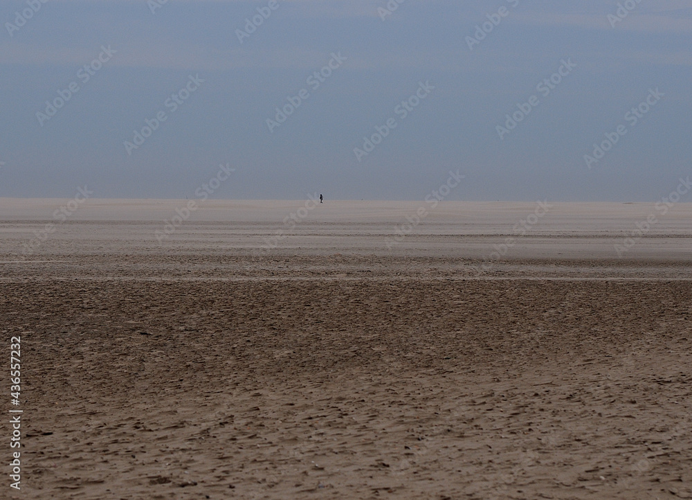 Lonely Man Hiking On The Large Beach During Low Tide On The East Frisian Island Borkum On An Overcast Spring Day Lonely Man Hiking On The Large Beach During Low Tide On The East Frisian Island Borkum On An Overcast Spring Day