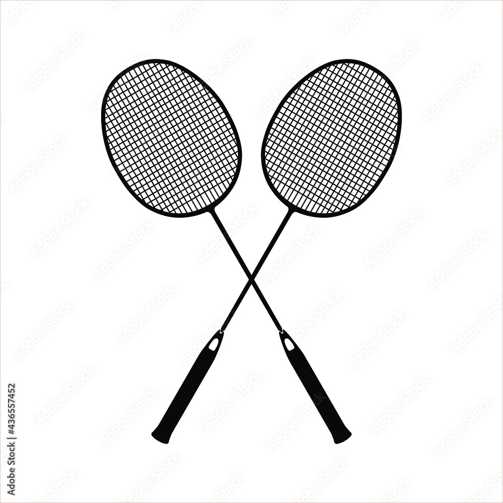 Vector flat black badminton rackets isolated on white background. Birdie line art vector icon for sports apps and websites Vector flat black badminton rackets isolated on white background. Birdie line art vector icon for sports apps and websites