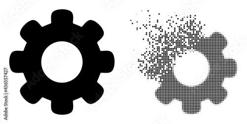Fractured dotted gear wheel vector icon with wind effect, and original vector image. Pixel burst effect for gear wheel demonstrates speed and motion of cyberspace concepts.
