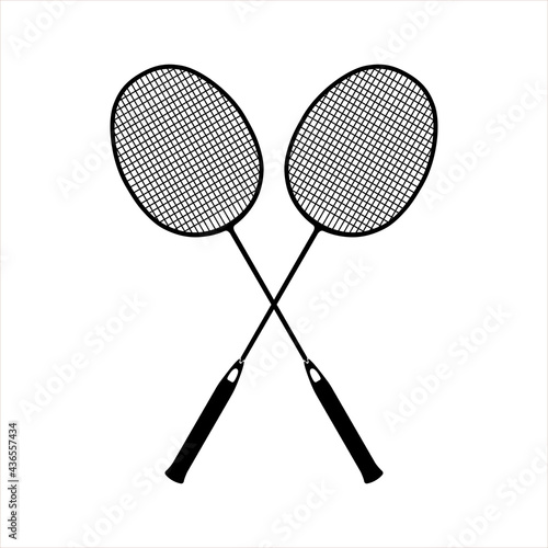 Flat black badminton rackets isolated on white background. Birdie line art icon for sports apps and websites