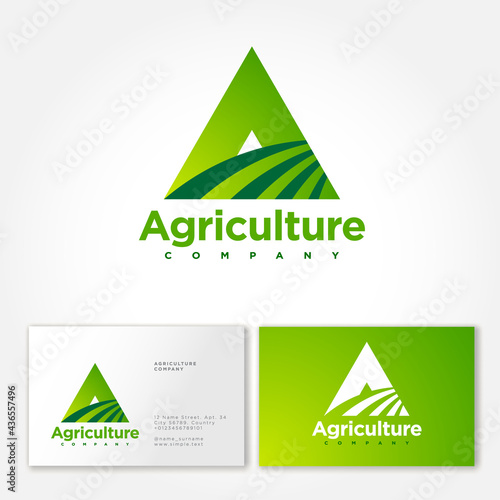 Agriculture company logo. A monogram. Triangle letter A and field symbol. Business card.