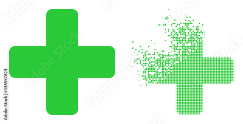 Dispersed dot green cross vector icon with destruction effect, and original vector image. Pixel dissipation effect for green cross shows speed and movement of cyberspace matter.