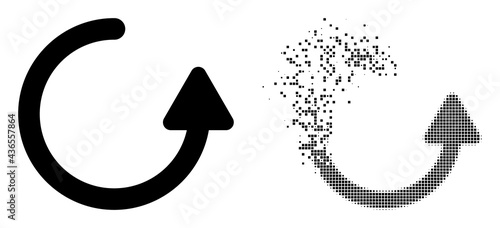 Dispersed dot rotate left arrow vector icon with destruction effect, and original vector image. Pixel degradation effect for rotate left arrow shows speed and movement of cyberspace concepts.