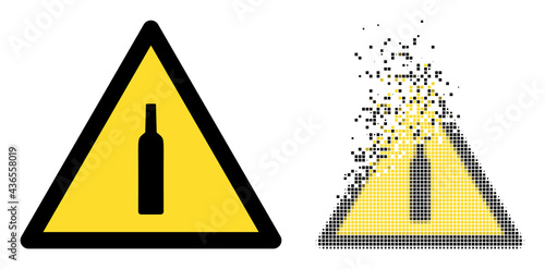 Dispersed pixelated alcohol warning vector icon with destruction effect, and original vector image.