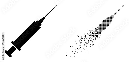 Dissolved dotted syringe vector icon with wind effect, and original vector image. Pixel degradation effect for syringe shows speed and movement of cyberspace items.