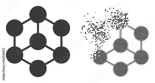 Dispersed dotted blockchain nodes vector icon with destruction effect, and original vector image. Pixel defragmentation effect for blockchain nodes demonstrates speed and motion of cyberspace items.