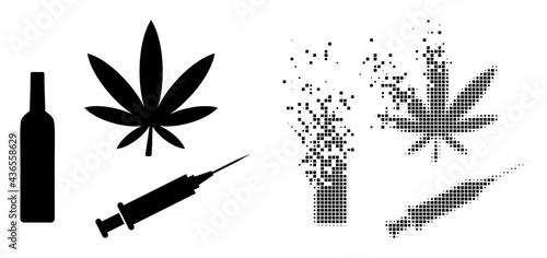 Dispersed dot narcotic drugs vector icon with destruction effect, and original vector image. Pixel burst effect for narcotic drugs demonstrates speed and movement of cyberspace things.