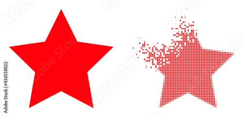Dissolved dotted star vector icon with wind effect, and original vector image. Pixel disintegration effect for star shows speed and motion of cyberspace things.