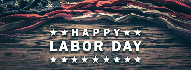 "Happy Labor Day" Text On Wooden Background With American Flag    
