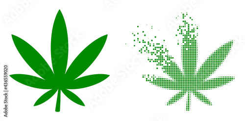 Dispersed dot marijuana vector icon with wind effect, and original vector image. Pixel dissipating effect for marijuana demonstrates speed and movement of cyberspace concepts.