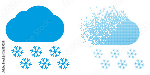 Fractured dotted snow cloud vector icon with destruction effect, and original vector image. Pixel destruction effect for snow cloud shows speed and motion of cyberspace things.