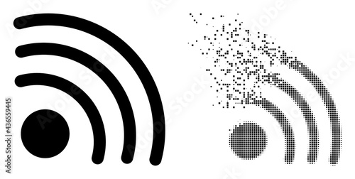 Dispersed pixelated wi-fi signal vector icon with destruction effect, and original vector image. Pixel mist effect for wi-fi signal demonstrates speed and motion of cyberspace things.