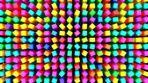 3d abstract simple geometric background with multicolor cubes in 4k. Smooth looped animation. Rotating cubes form a cascade structure. Creative simple motion design background with 3d objects. VJ loop photo