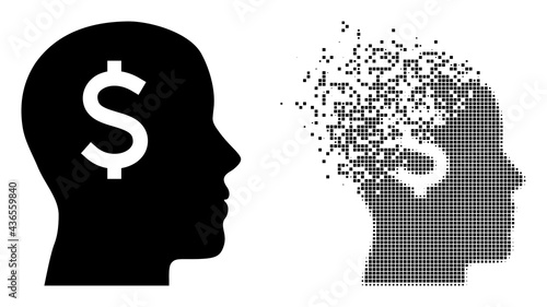 Fractured pixelated banker head vector icon with wind effect, and original vector image. Pixel disappearing effect for banker head shows speed and motion of cyberspace items.
