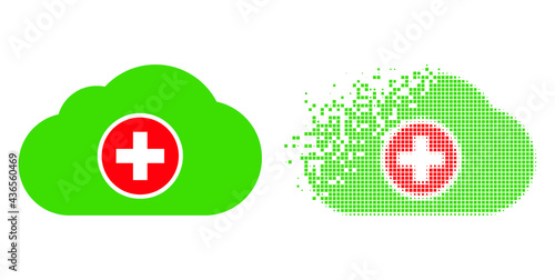 Fractured dot medical cloud vector icon with destruction effect, and original vector image. Pixel degradation effect for medical cloud demonstrates speed and movement of cyberspace concepts.