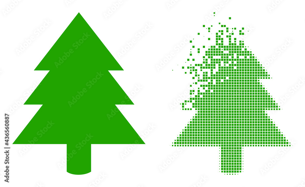 Fractured pixelated fir tree vector icon with wind effect, and original vector image. Pixel explosion effect for fir tree demonstrates speed and movement of cyberspace items. Fractured pixelated fir tree vector icon with wind effect, and original vector image. Pixel explosion effect for fir tree demonstrates speed and movement of cyberspace items.